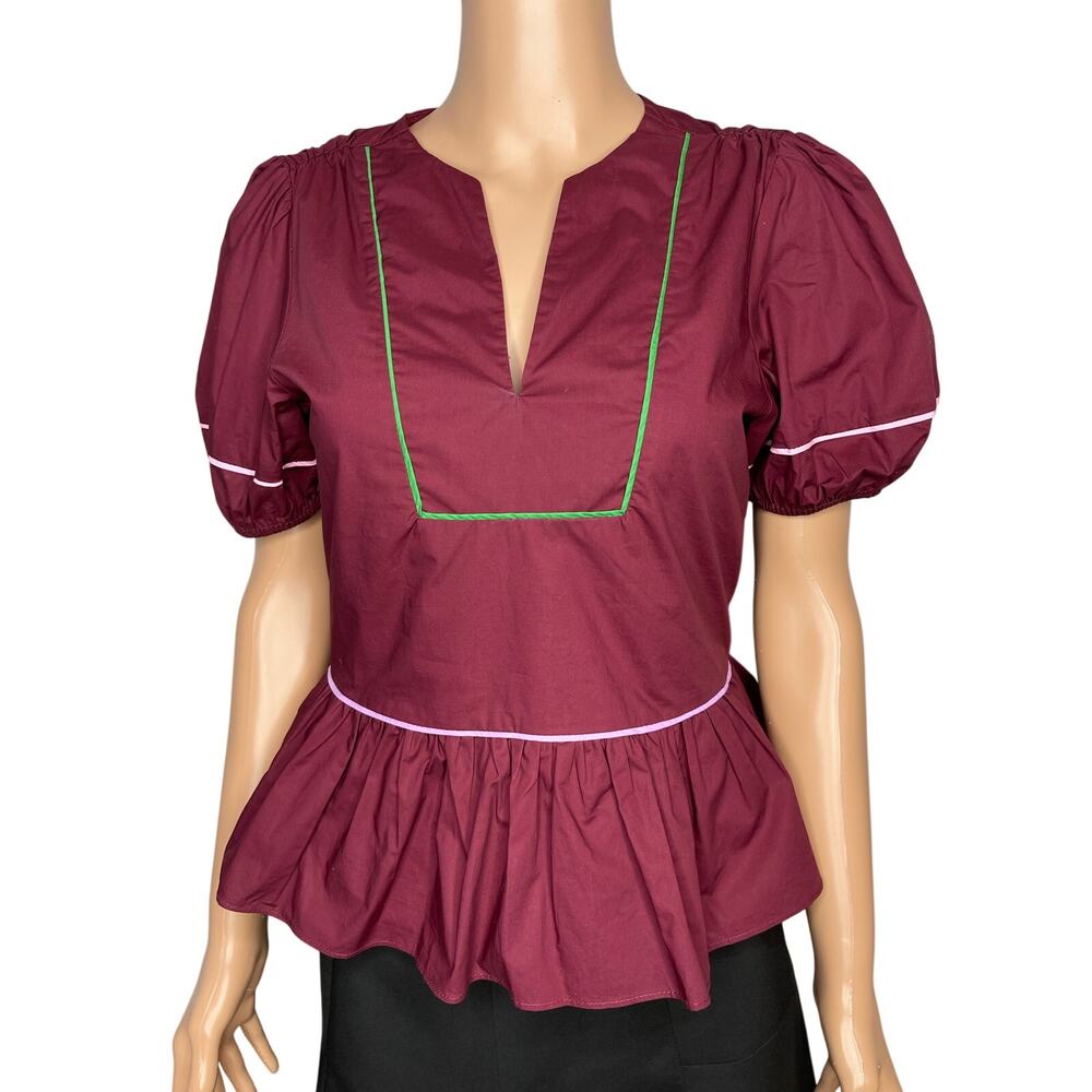English Factory women’s Piping Detail Top Short Puff Sleeve size XS Burgundy - Picture 3 of 8
